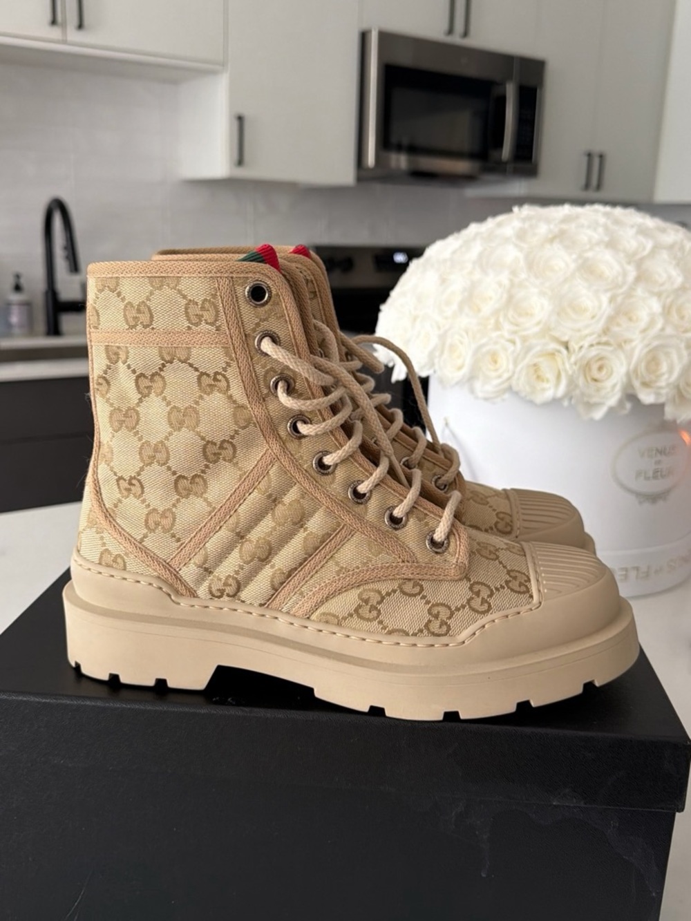 Gucci Beige GG Canvas Lace-Up Combat Boots with Green-Red Webtinge